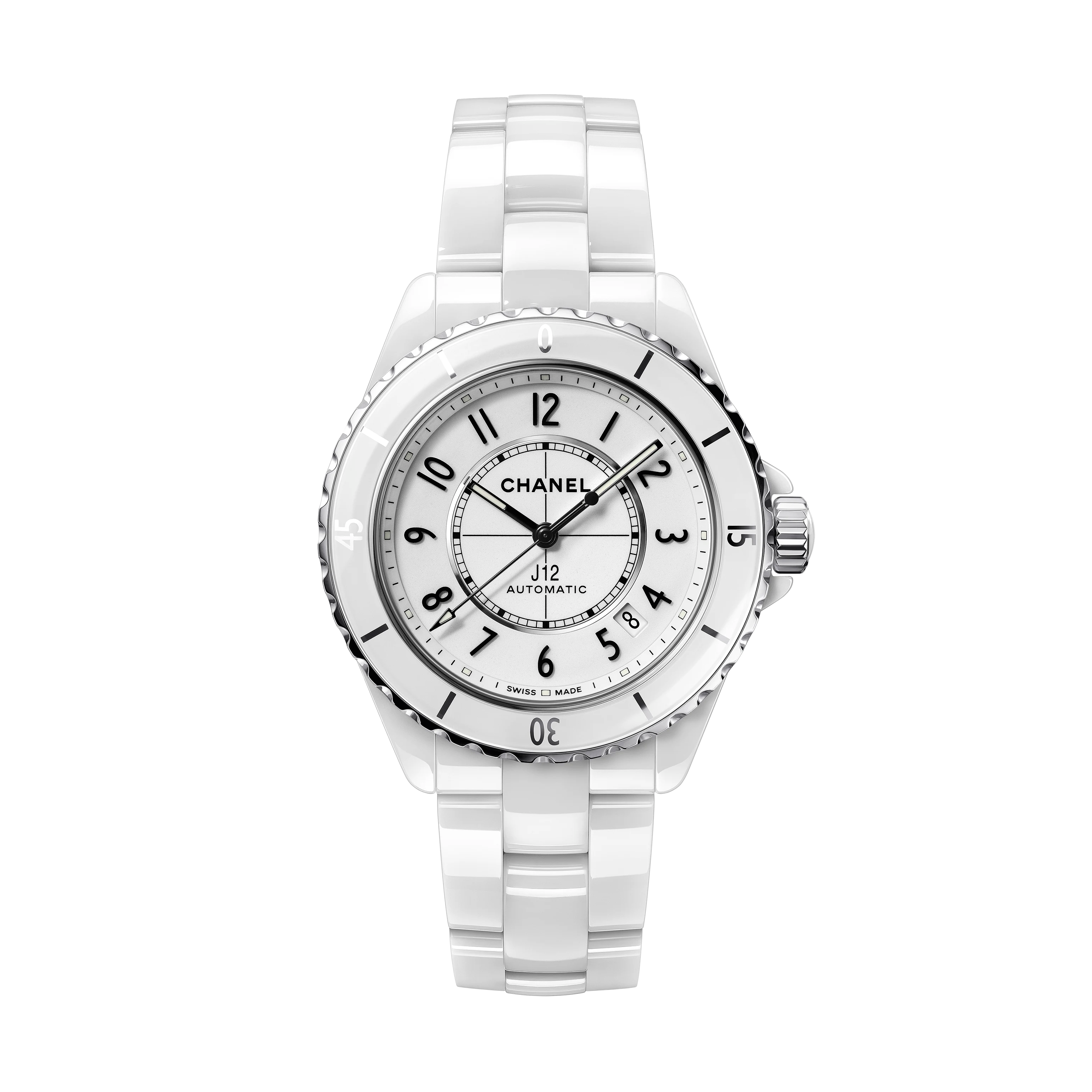 The Chanel J12 is a white automatic wristwatch with a ceramic bracelet, steel and silver accents, and a round dial featuring black Arabic numerals and the Chanel logo.