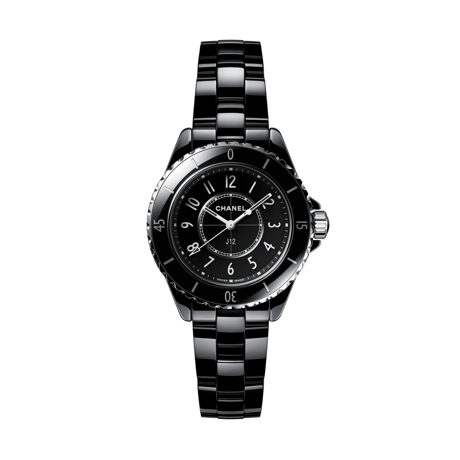 A Chanel J12 wristwatch with a black ceramic bracelet, round face, and silver markers is displayed on a plain white background.