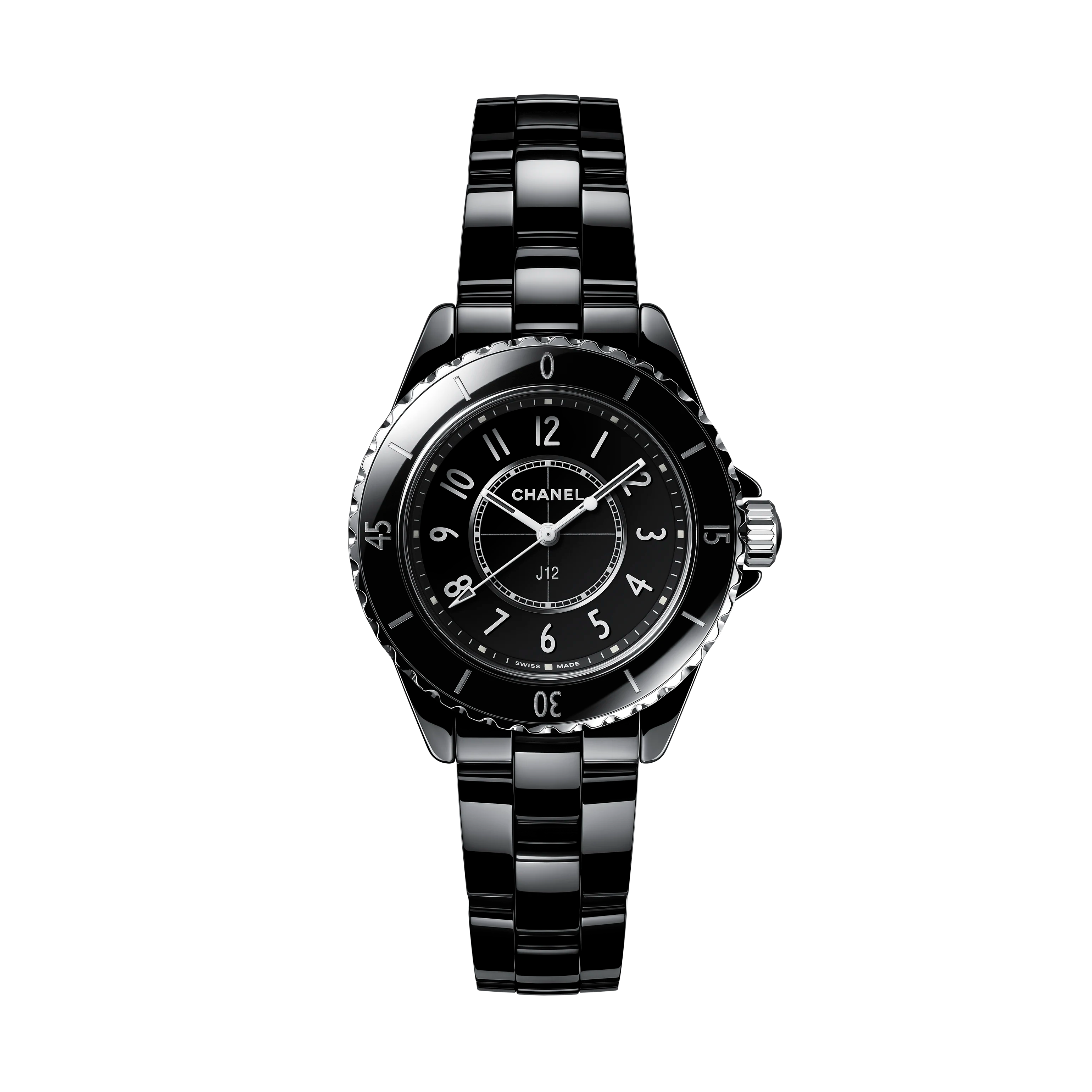 A Chanel J12 wristwatch with a black ceramic bracelet, round face, and silver markers is displayed on a plain white background.