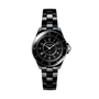 A Chanel J12 wristwatch with a black ceramic bracelet, round face, and silver markers is displayed on a plain white background.