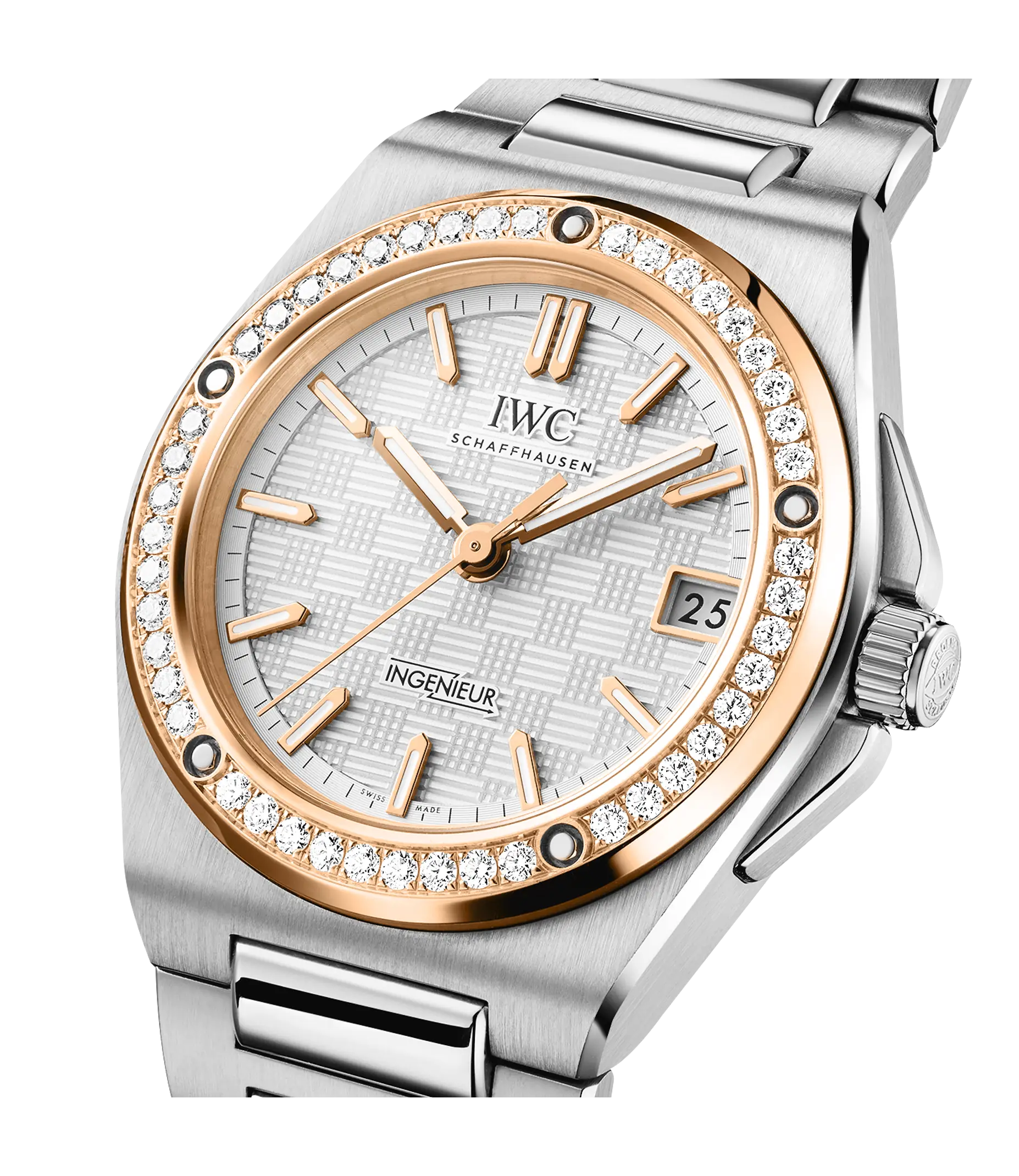IWC Ingenieur Automatic 35 watch with two-tone steel and rose gold case, diamond bezel, silver dial, and matching bracelet.