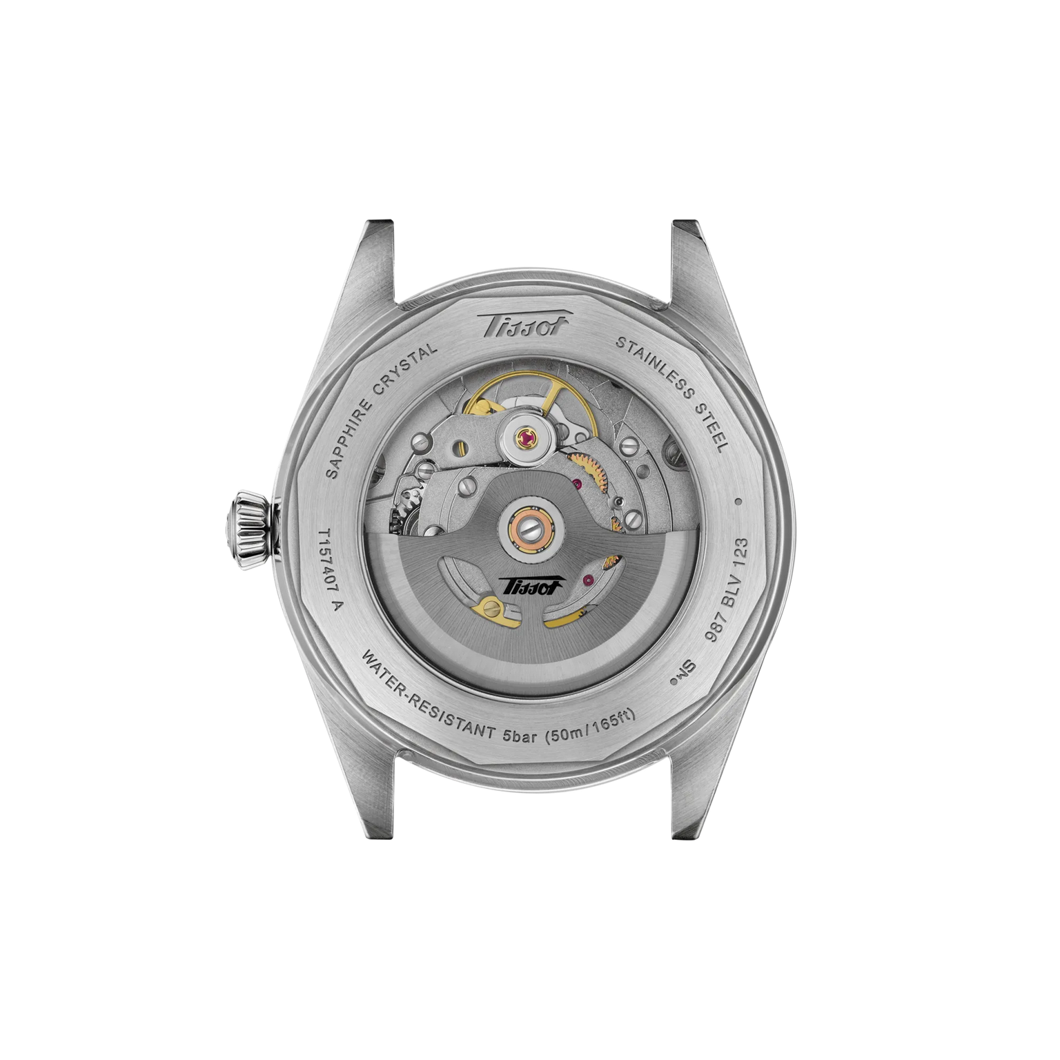 Stainless steel watch case back showing mechanical movement with golden gears and Tissot branding.