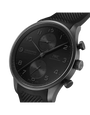 Black IWC watch with detailed face on a white background