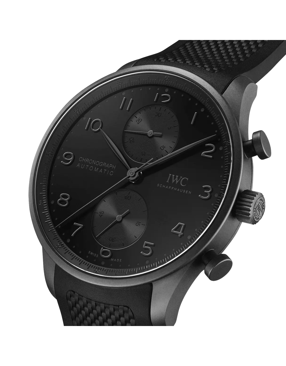 Black IWC watch with detailed face on a white background