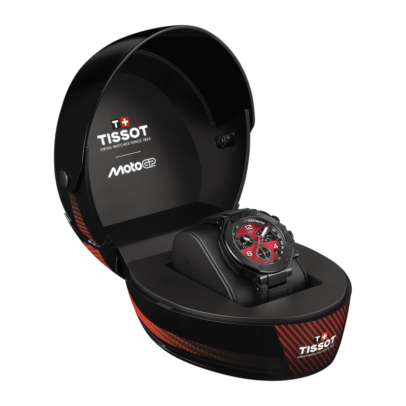 Tissot watch in a black and red display case with MotoGP branding.