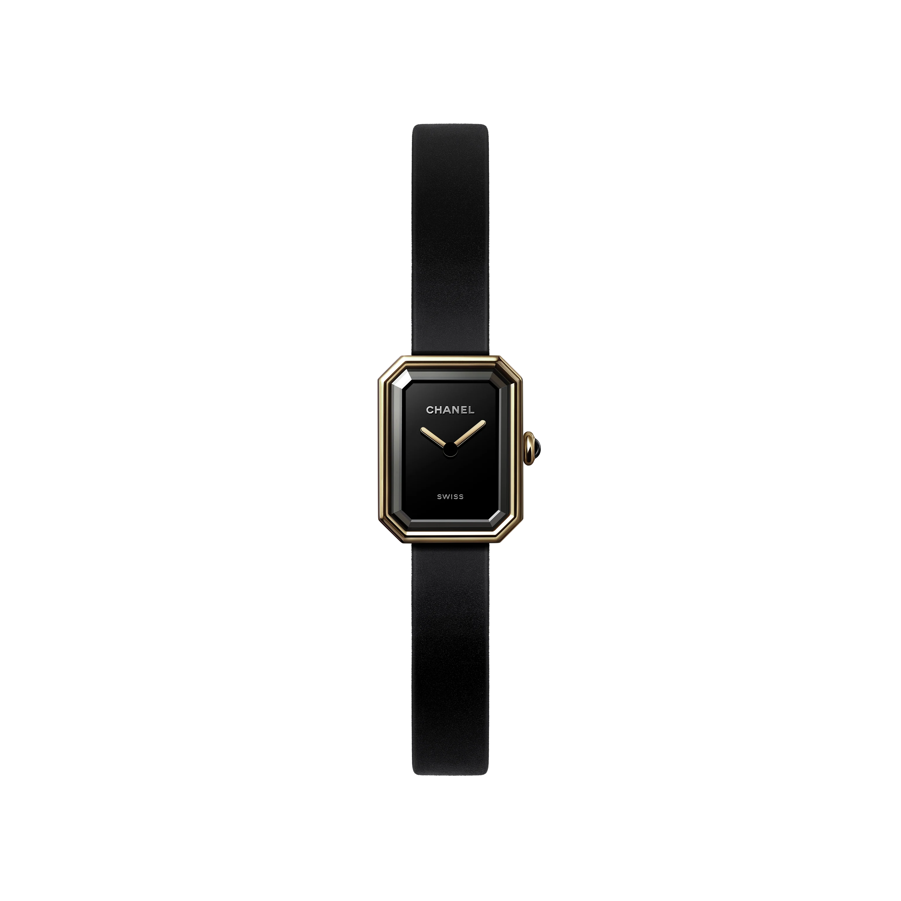 The Chanel Première Ribbon is a minimalist wristwatch with a slim black leather strap and a small octagonal black-lacquered dial edged in yellow gold, featuring gold hands, the Chanel logo, and "SWISS" in white.