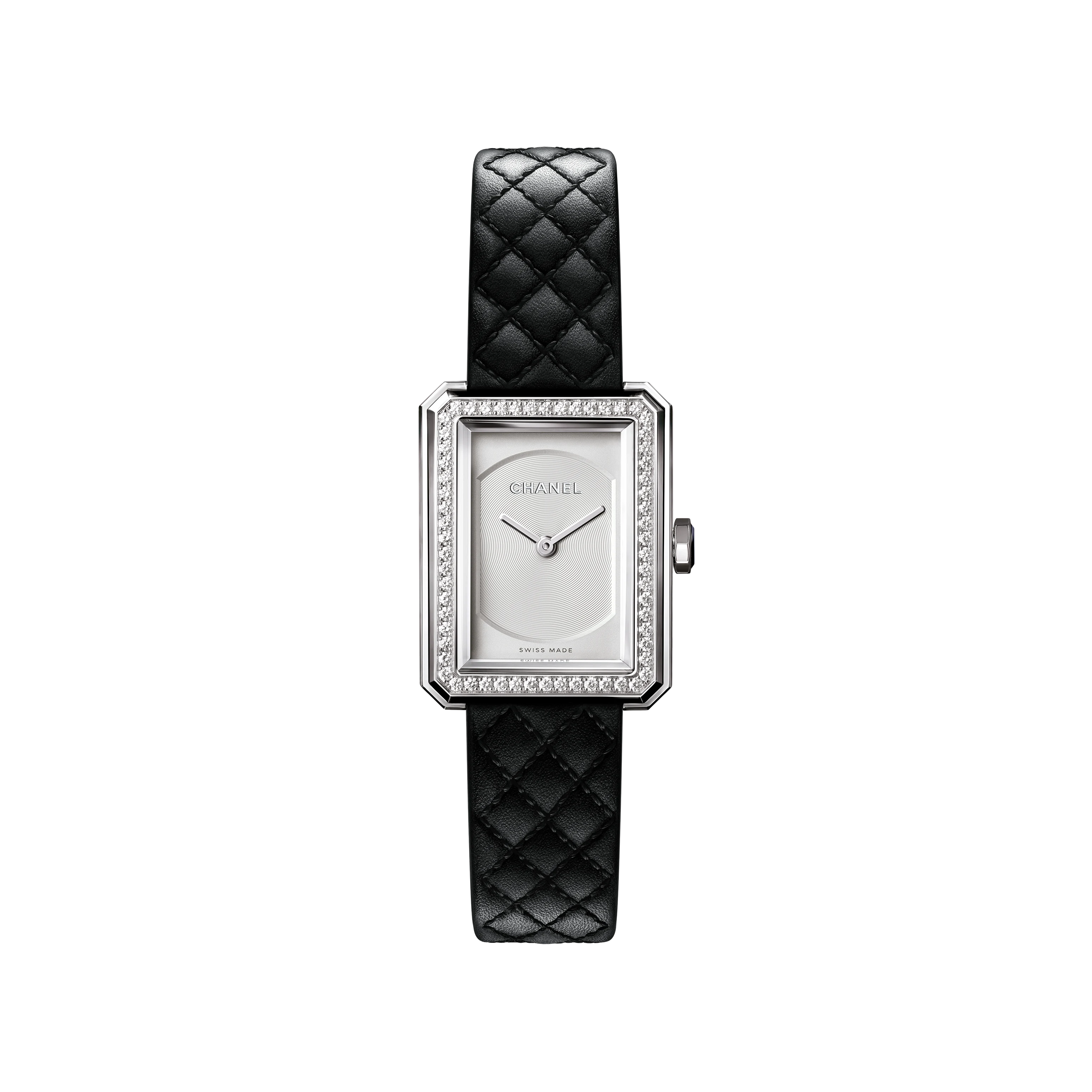 The Chanel Boy·Friend Small Model wristwatch features a rectangular silver case, diamond bezel, minimalistic white dial, and a black quilted calfskin strap, displayed against a plain white background.