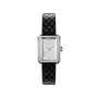 The Chanel Boy·Friend Small Model wristwatch features a rectangular silver case, diamond bezel, minimalistic white dial, and a black quilted calfskin strap, displayed against a plain white background.