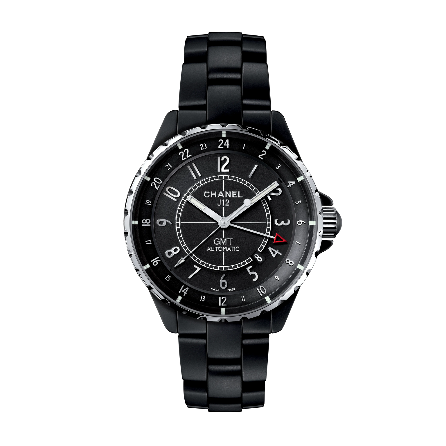A Chanel J12 GMT black watch with high-precision automatic movement, black ceramic bracelet, silver accents, 24-hour dial, and a red-tipped GMT hand shown on a white background.