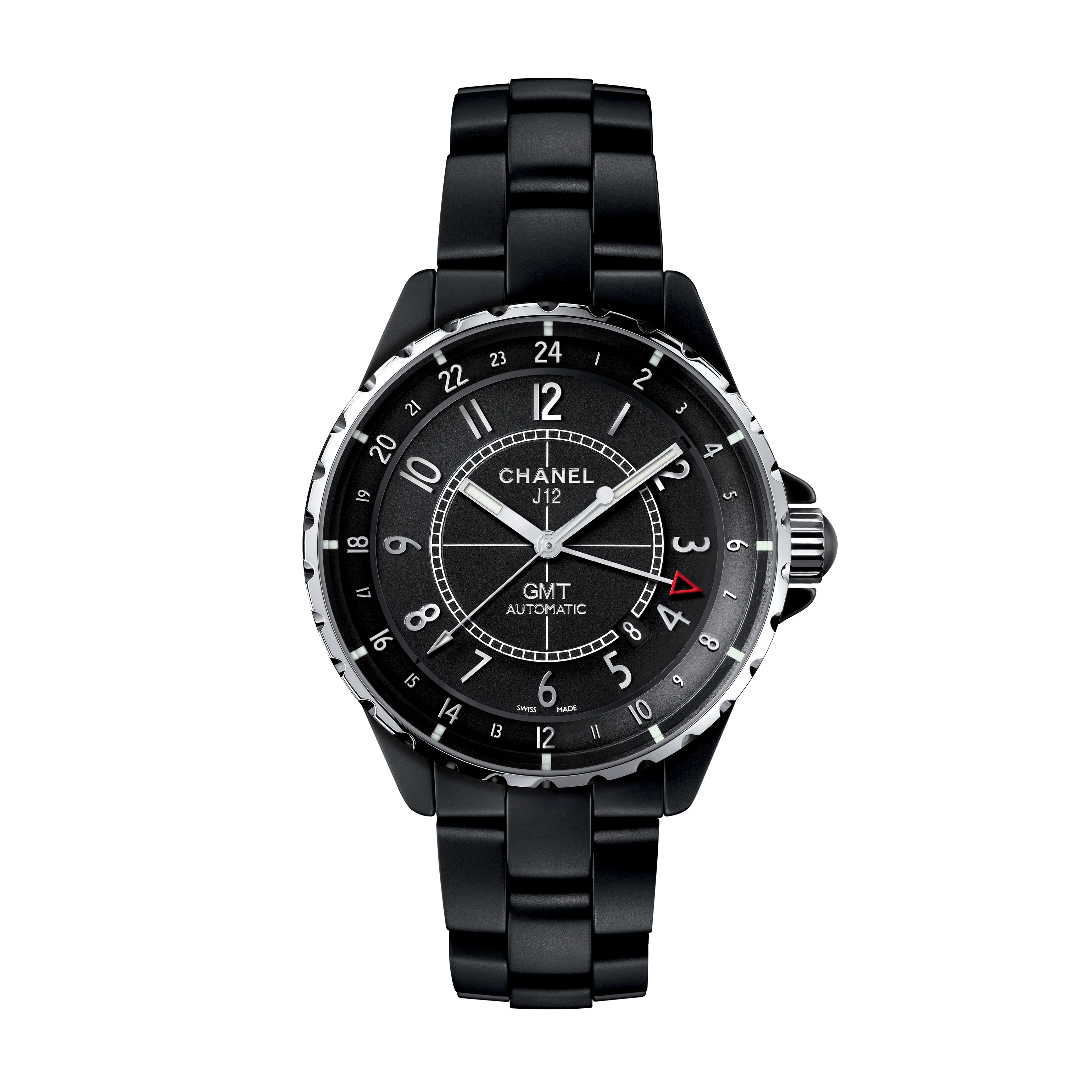 A Chanel J12 GMT black watch with high-precision automatic movement, black ceramic bracelet, silver accents, 24-hour dial, and a red-tipped GMT hand shown on a white background.