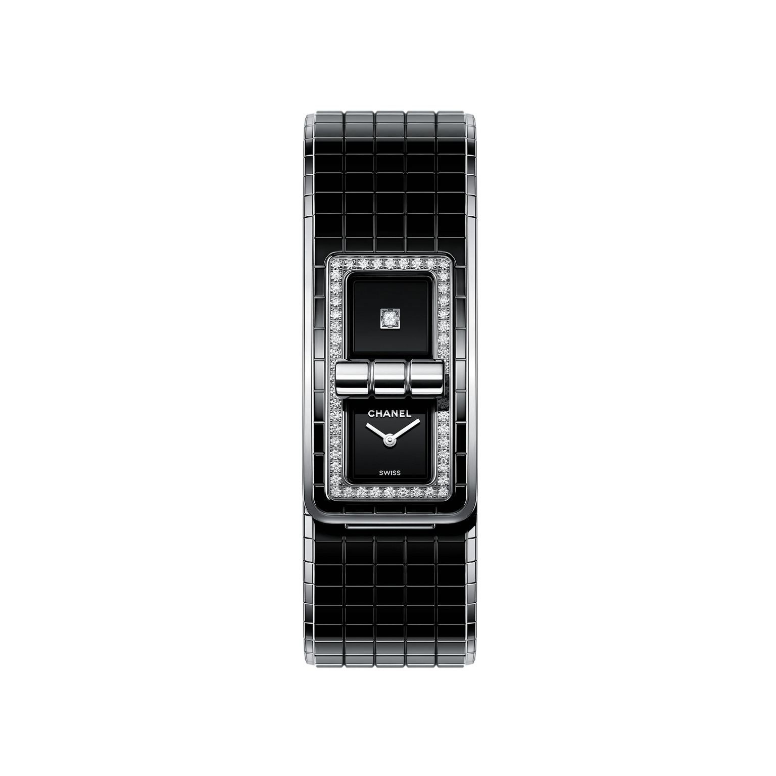 The Chanel Code Coco is a luxury wristwatch with a rectangular black ceramic design, diamond-studded bezel, double-dial black face, steel accents, and a matching black ceramic link bracelet.