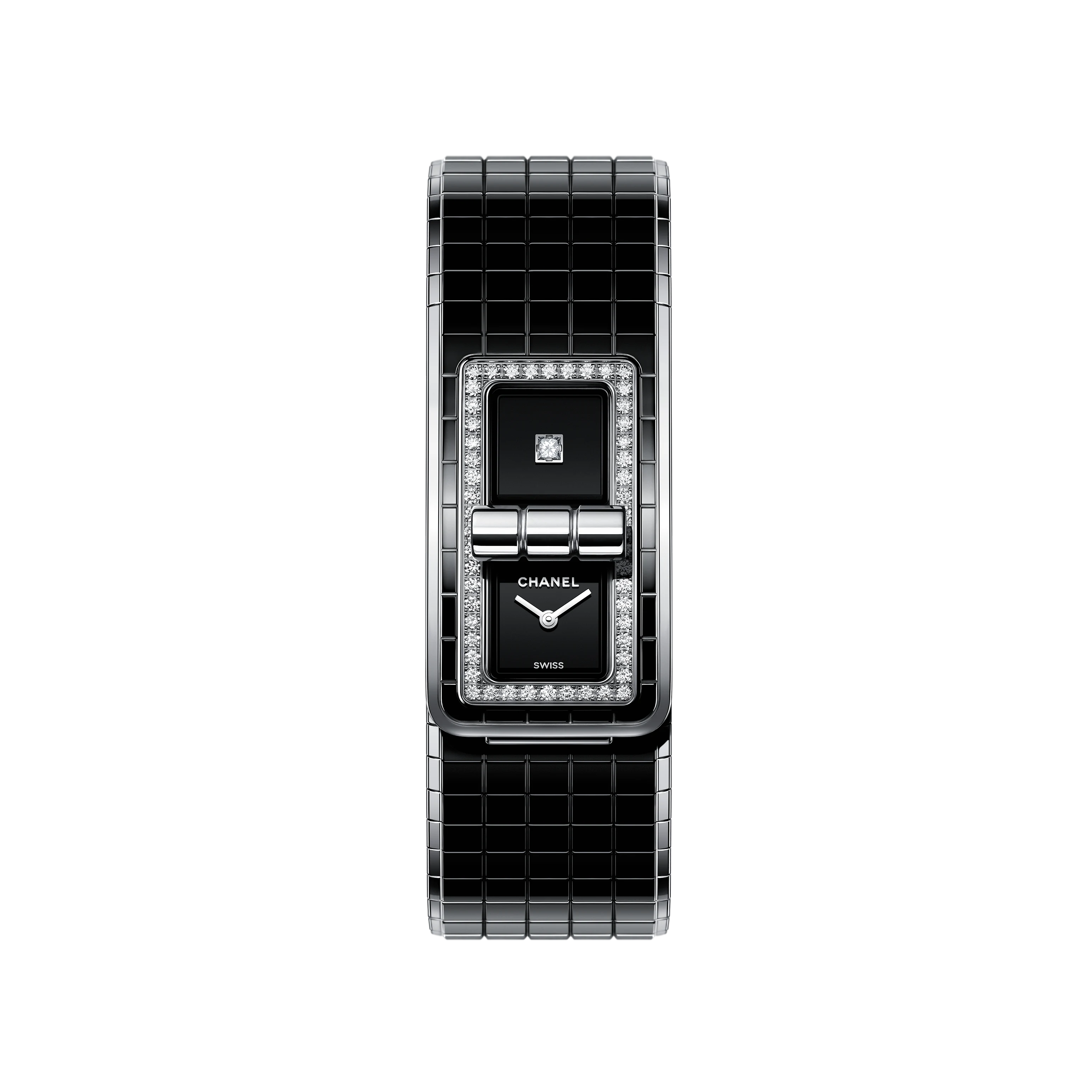 The Chanel Code Coco is a luxury wristwatch with a rectangular black ceramic design, diamond-studded bezel, double-dial black face, steel accents, and a matching black ceramic link bracelet.