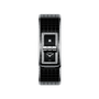 The Chanel Code Coco is a luxury wristwatch with a rectangular black ceramic design, diamond-studded bezel, double-dial black face, steel accents, and a matching black ceramic link bracelet.