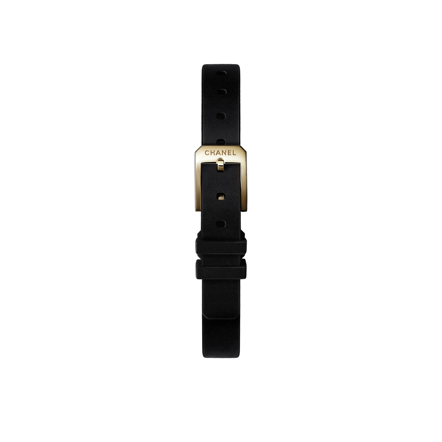 The Chanel Première Ribbon features a black strap and a yellow gold buckle engraved with "CHANEL," shown vertically against a plain white background.