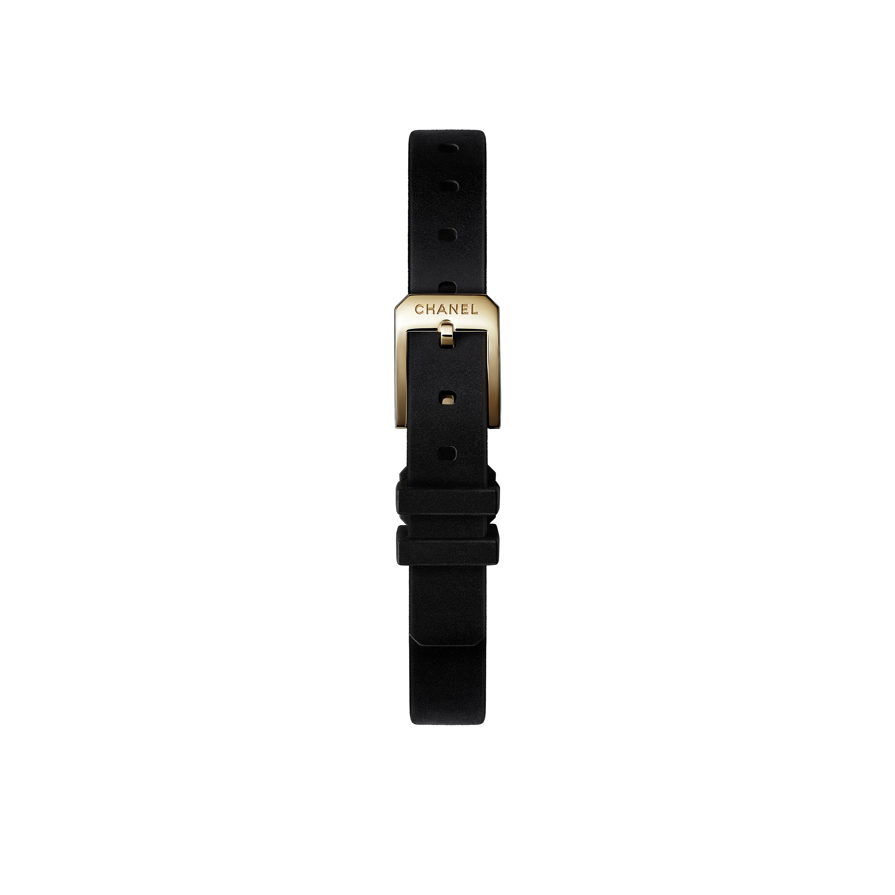 The Chanel Première Ribbon features a black strap and a yellow gold buckle engraved with "CHANEL," shown vertically against a plain white background.