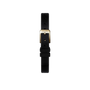 The Chanel Première Ribbon features a black strap and a yellow gold buckle engraved with "CHANEL," shown vertically against a plain white background.
