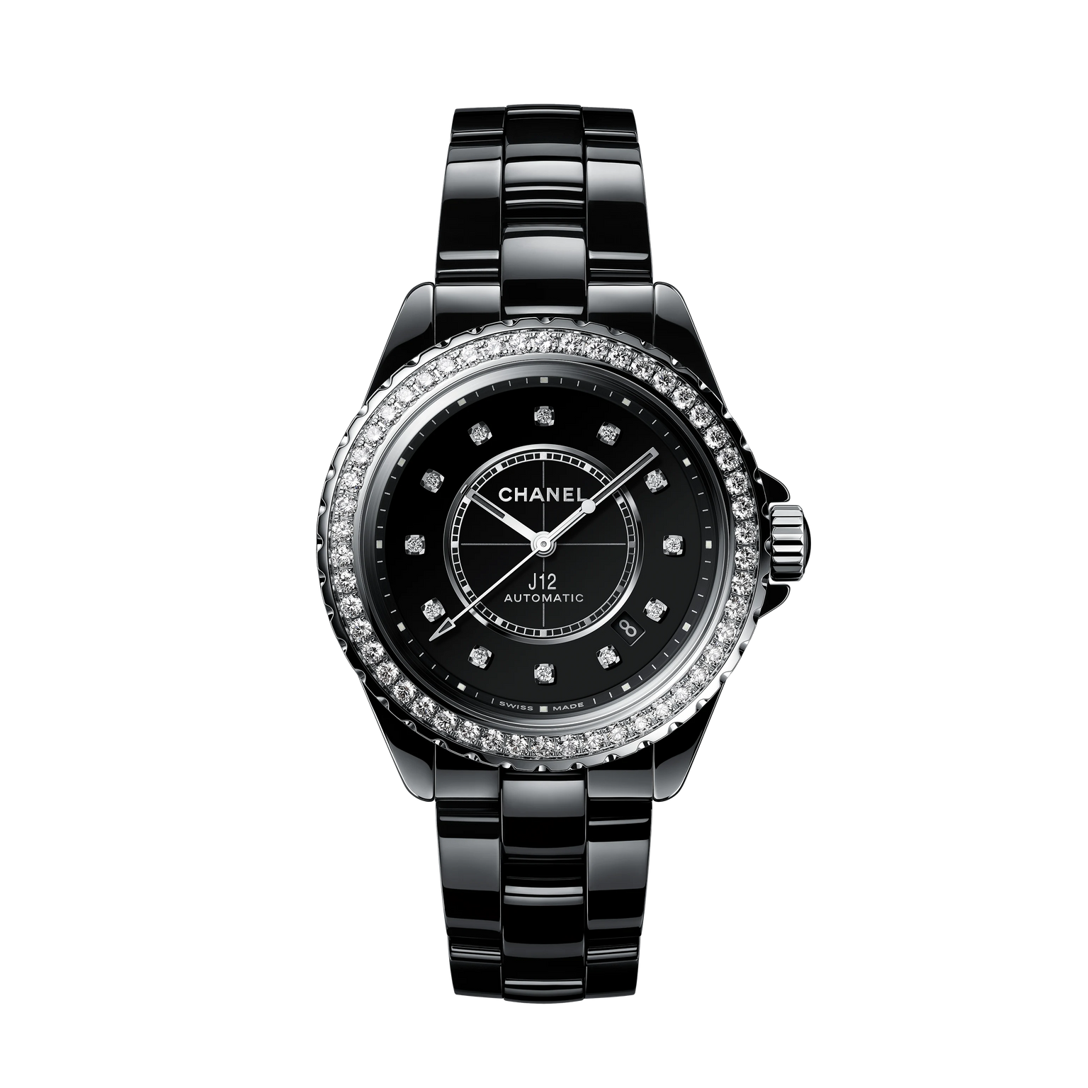 The Chanel J12 Diamond Bezel watch features a round black ceramic and steel case, diamond-set bezel, diamond hour markers, silver hands, and a black bracelet-style band for a luxurious automatic timepiece.
