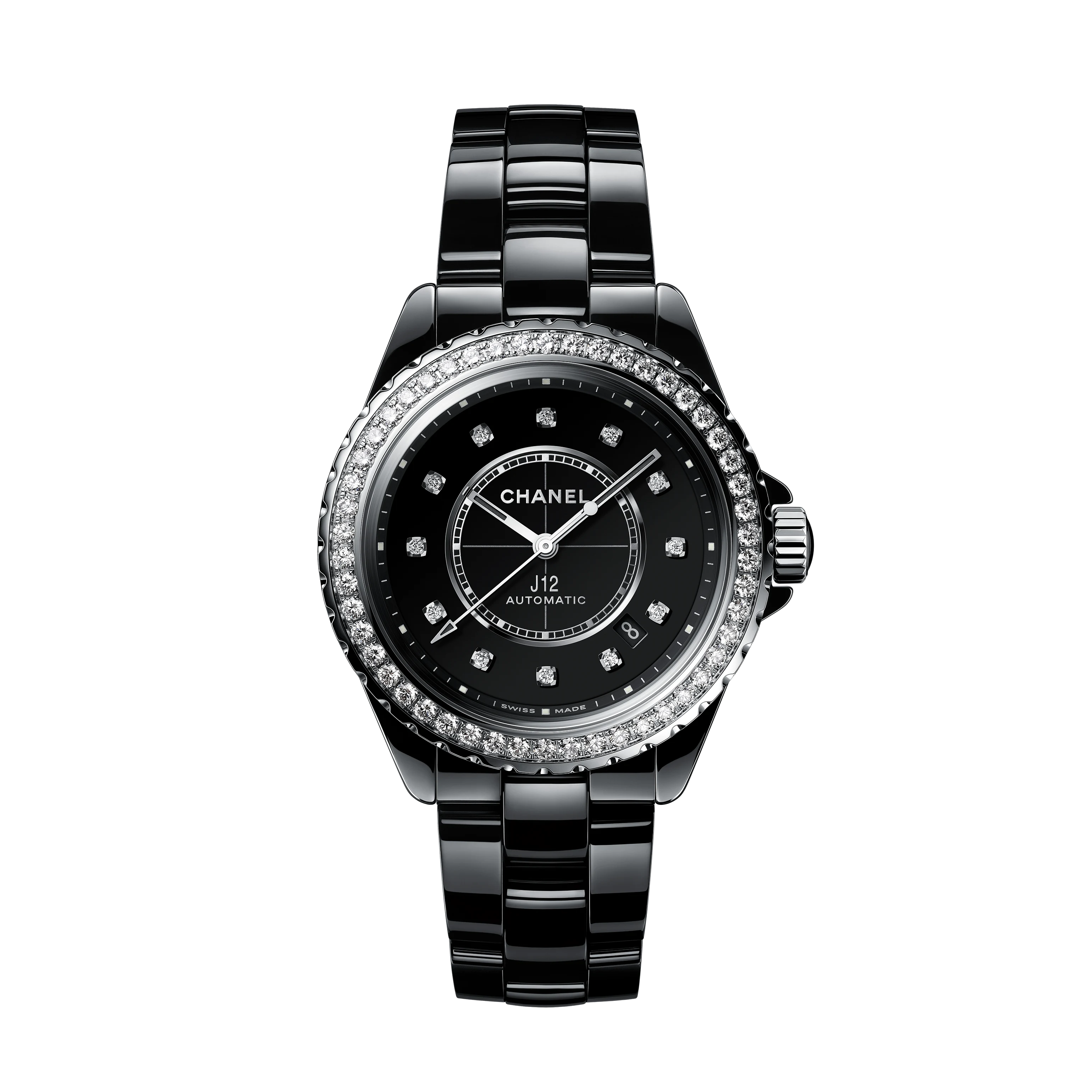 The Chanel J12 Diamond Bezel watch features a round black ceramic and steel case, diamond-set bezel, diamond hour markers, silver hands, and a black bracelet-style band for a luxurious automatic timepiece.
