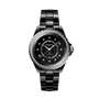 The Chanel J12 Diamond Bezel watch features a round black ceramic and steel case, diamond-set bezel, diamond hour markers, silver hands, and a black bracelet-style band for a luxurious automatic timepiece.