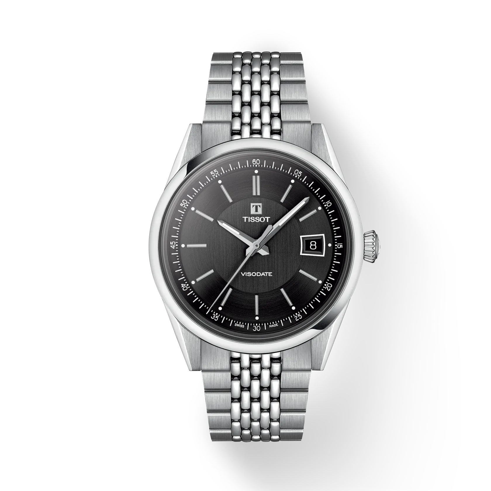 Tissot Visodate 39 stainless steel watch with black dial, date window, and bracelet strap.