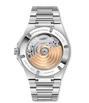Silver stainless steel automatic watch with visible rose gold rotor and bracelet, displayed back-view.