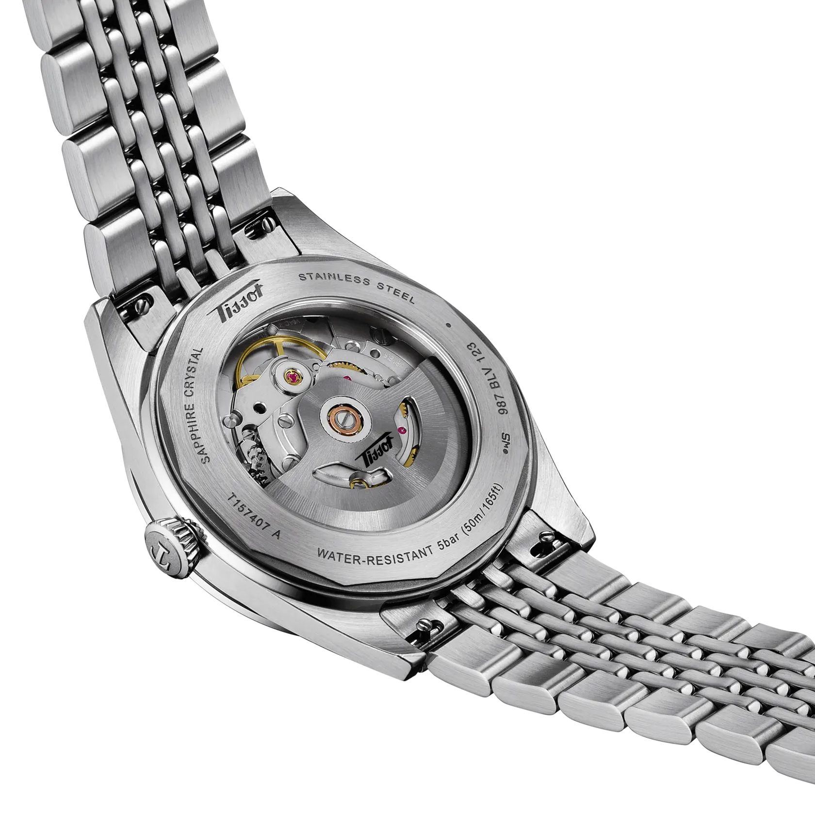 Stainless steel watch with visible automatic movement through caseback, metal bracelet, and water-resistant design.