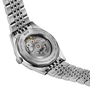 Stainless steel watch with visible automatic movement through caseback, metal bracelet, and water-resistant design.