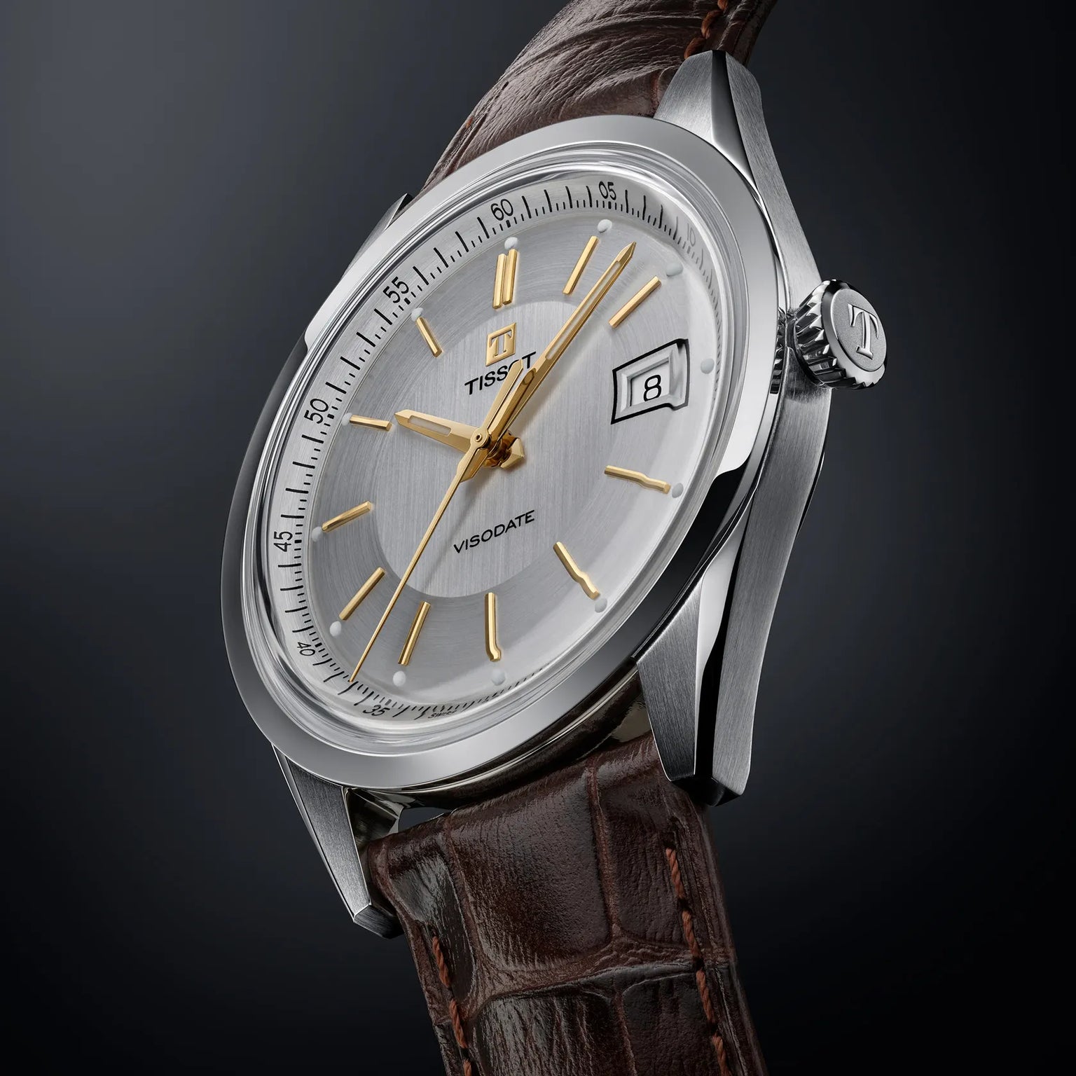 Tissot Visodate 39 watch with silver dial, gold-tone hands and indices, date window, stainless steel case, and brown leather 