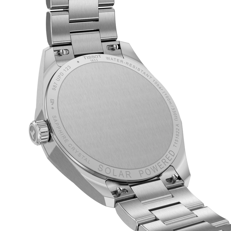 Silver watch with 'Solar Powered' text on a white background
