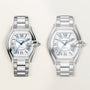 Two silver stainless steel watches with white dials, blue Roman numerals, and matching bracelets shown from front and side an