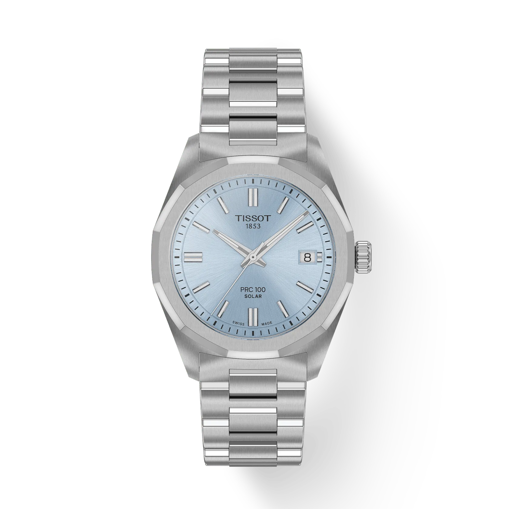 A Tissot PRC 100 Solar 34mm wristwatch with a silver stainless steel case, light blue face, silver hour markers and hands, date display at 3 o’clock, and metal link band is shown on a white background.