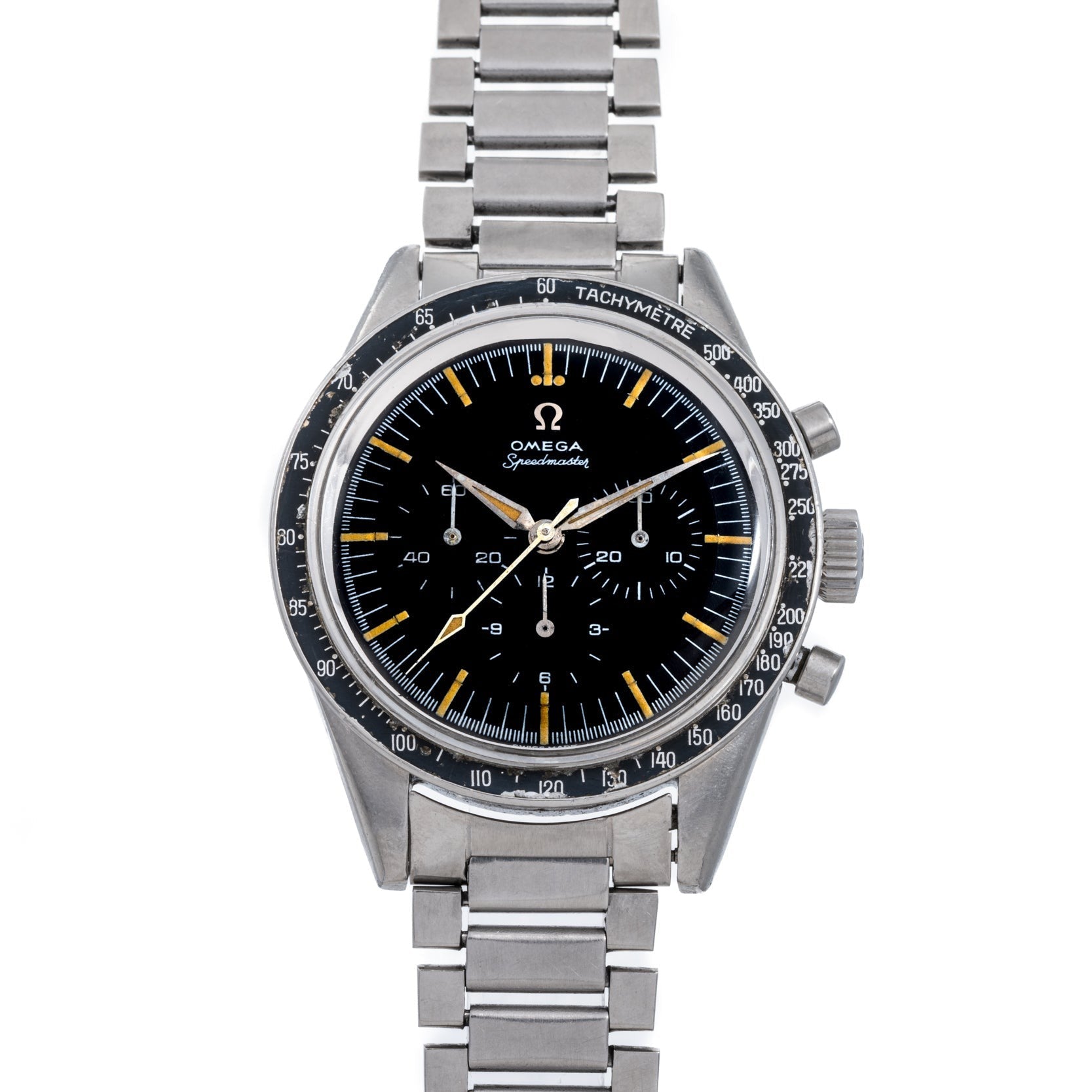 An OMEGA Speedmaster wristwatch featuring a black dial, metal strap, and tachymeter bezel.