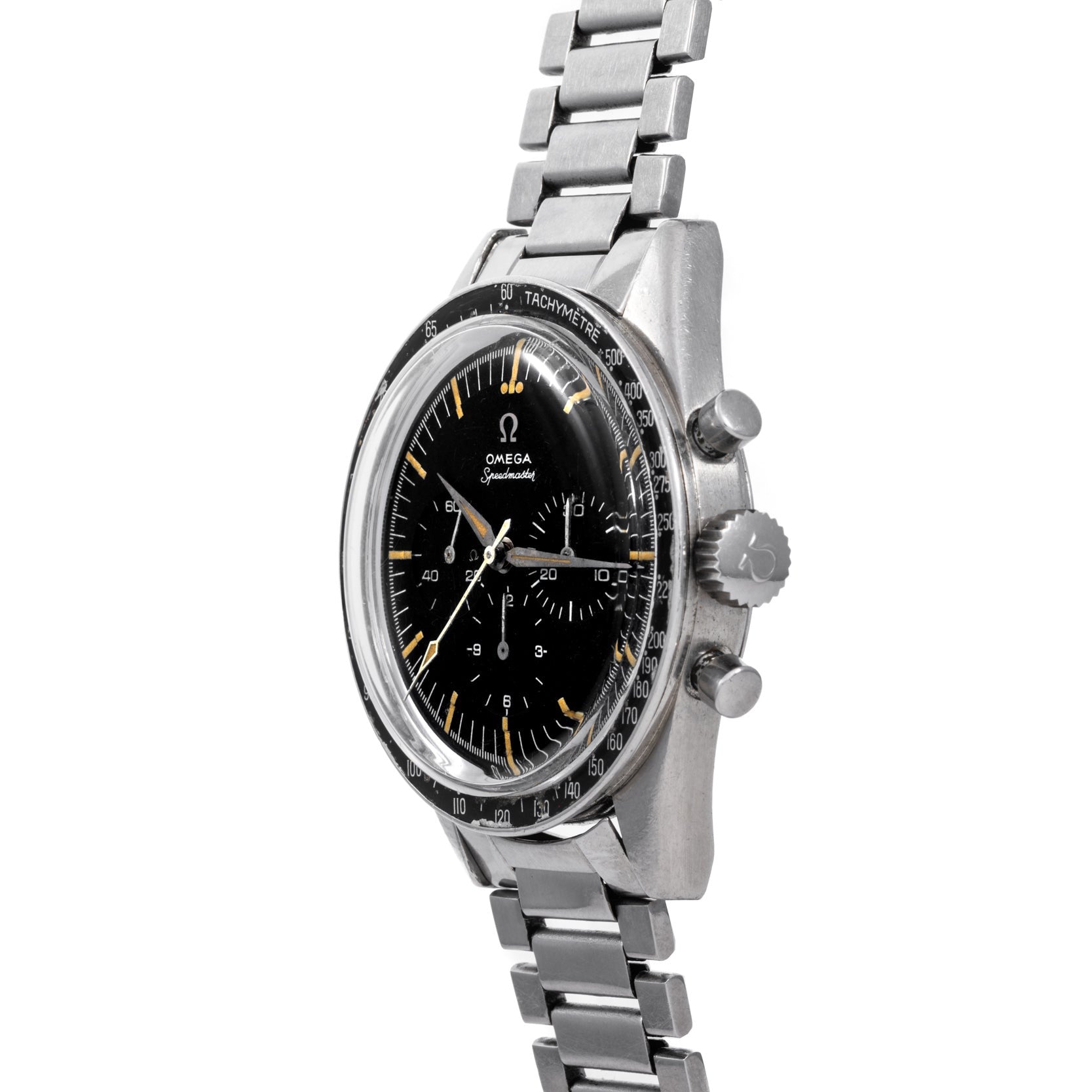 Side view of an OMEGA Speedmaster watch featuring a black dial and stainless steel bracelet.