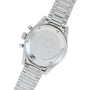 Back view of an OMEGA Speedmaster watch featuring a silver metal band and the engraved OMEGA logo on the case back.