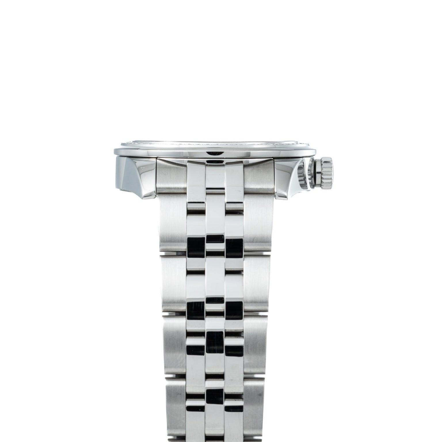 Side view of the TUDOR Glamour Date wristwatch in silver, featuring a linked metal bracelet and a crown on the right side.