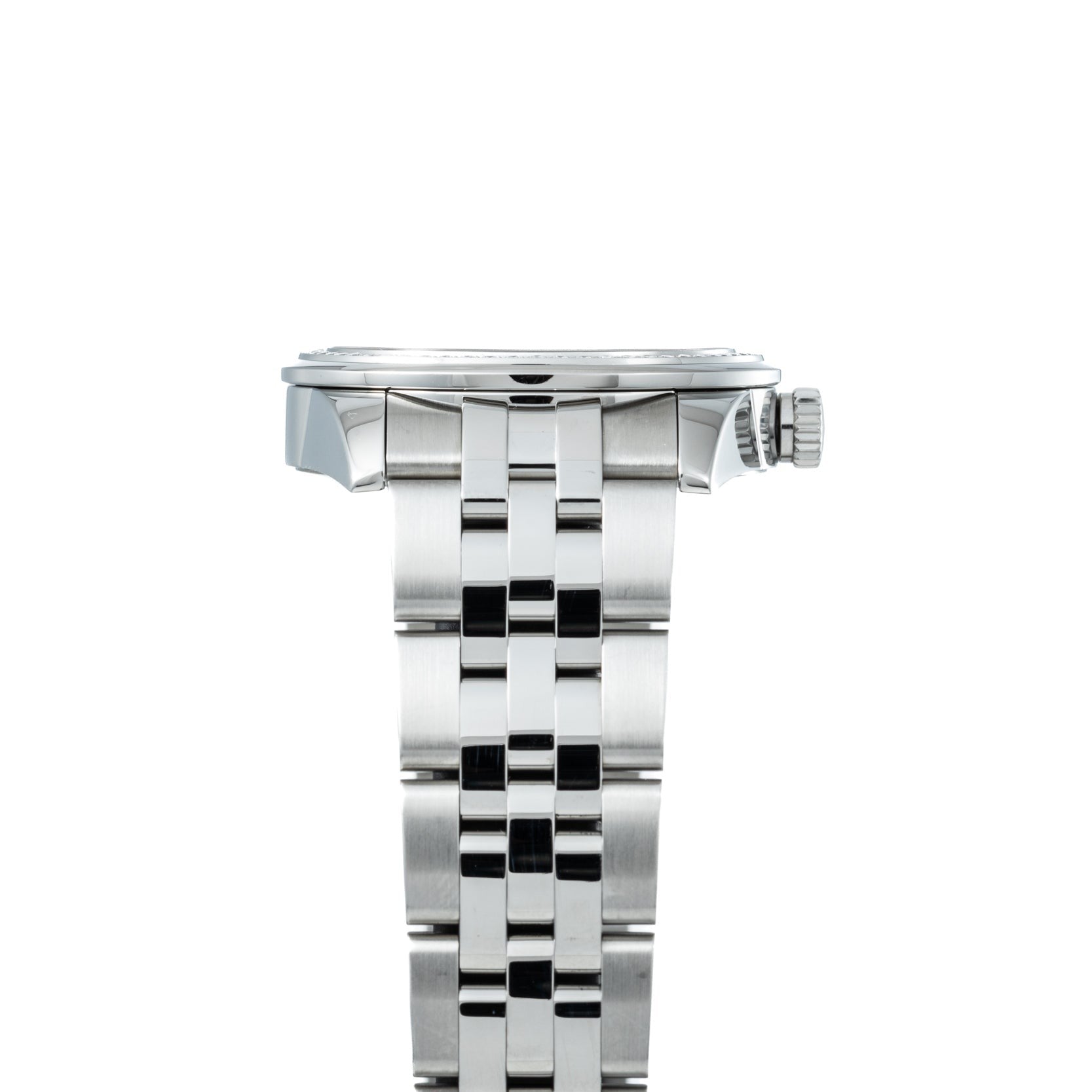 Side view of the TUDOR Glamour Date wristwatch in silver, featuring a linked metal bracelet and a crown on the right side.