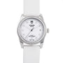 The TUDOR Glamour Date women’s watch features a white strap, diamond hour markers, and a date display at 3 o’clock.