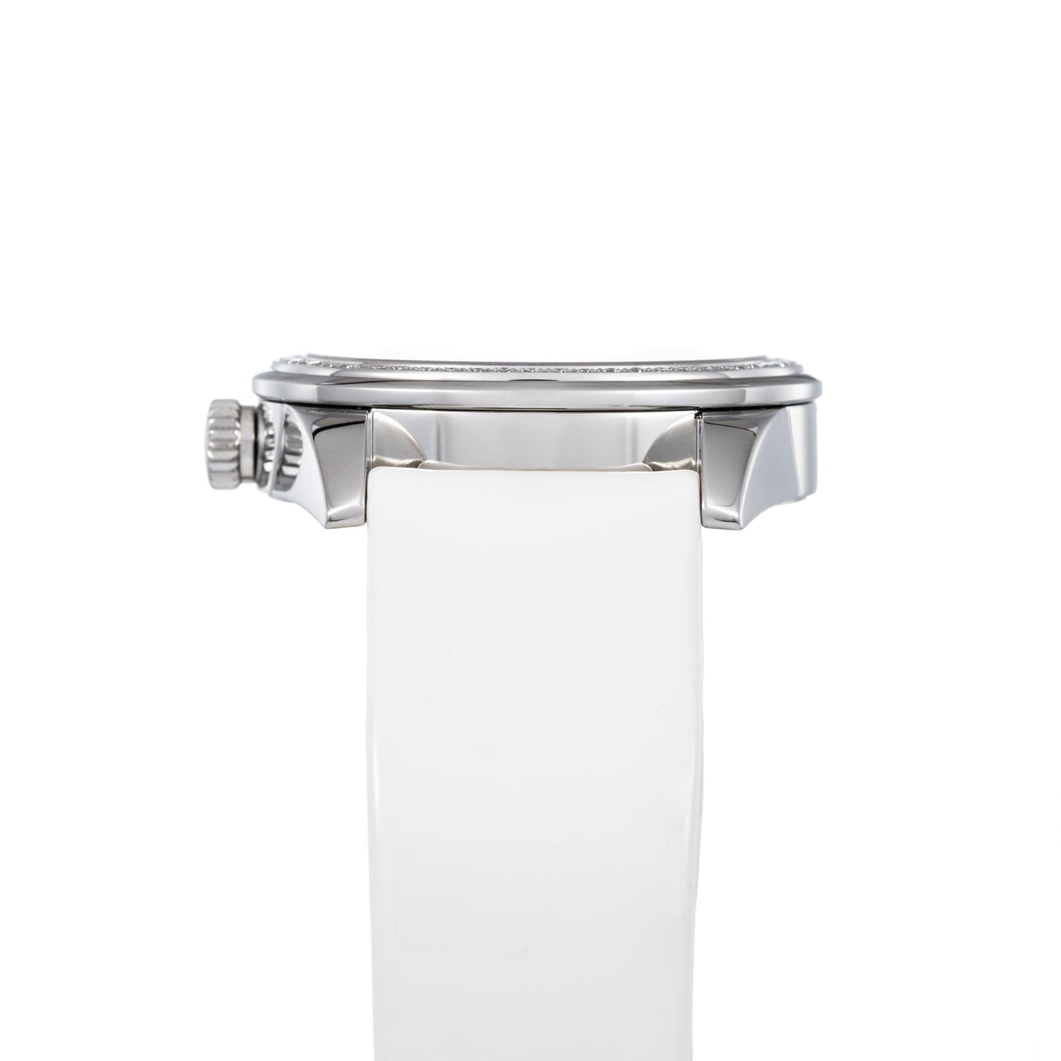 Side view of the TUDOR Glamour Date wristwatch in silver with a white strap, set against a plain white background.