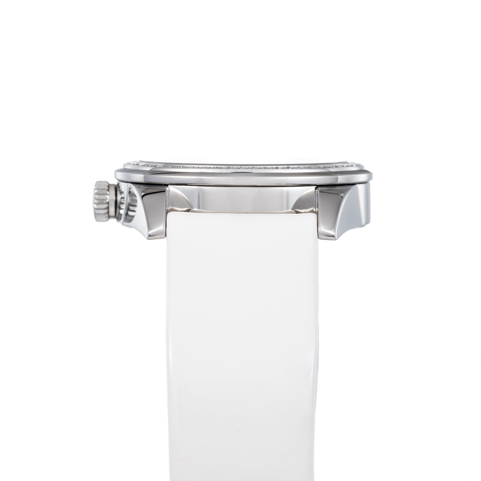 Side view of the TUDOR Glamour Date wristwatch in silver with a white strap, set against a plain white background.