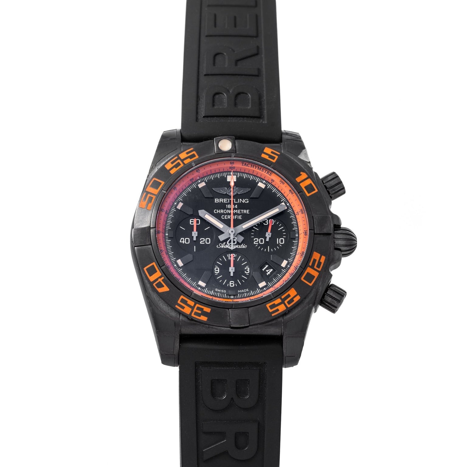 Breitling Chronomat Raven chronograph watch featuring orange accents and a black rubber strap.