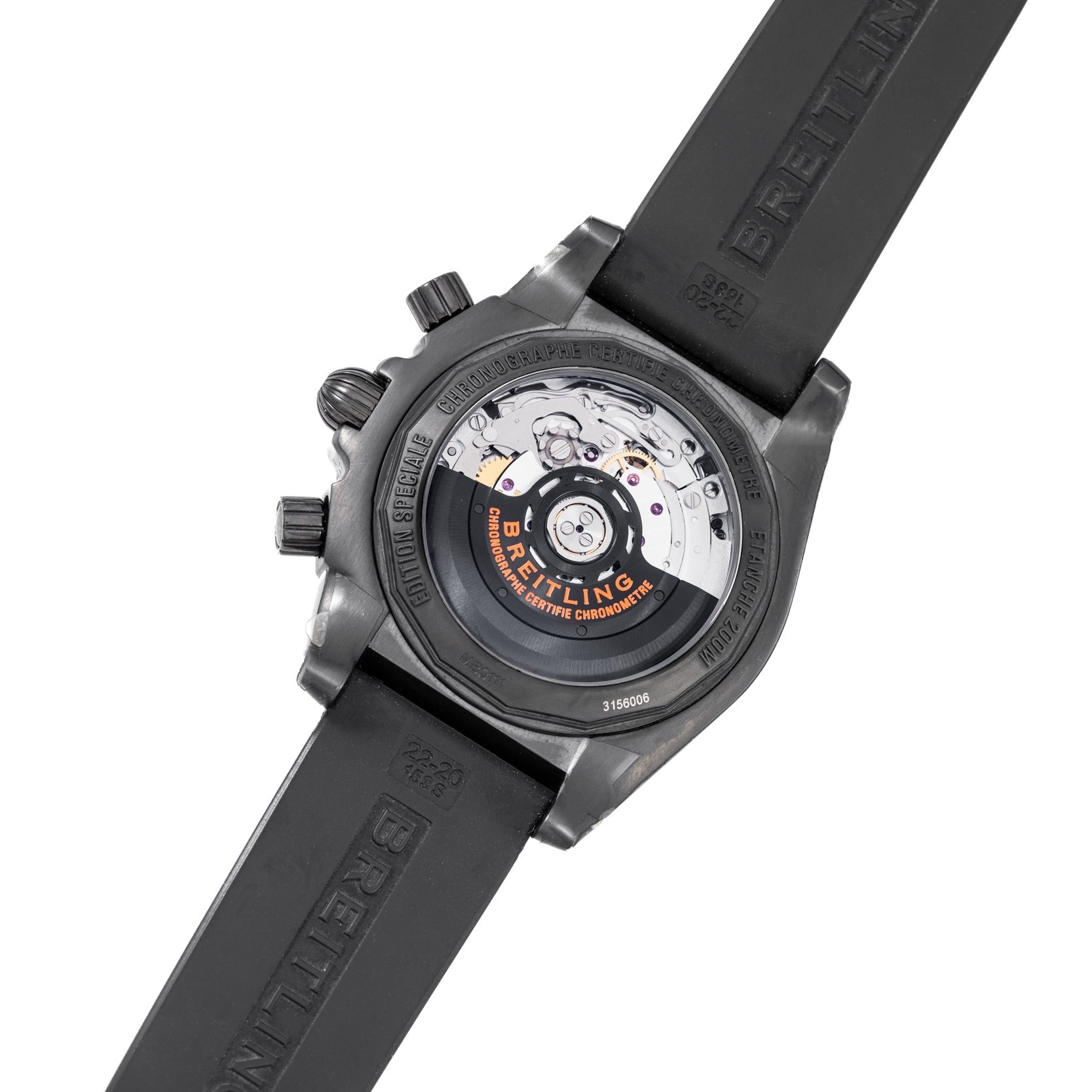 Back view of the Breitling Chronomat Raven watch showing its exposed automatic movement and black rubber strap.