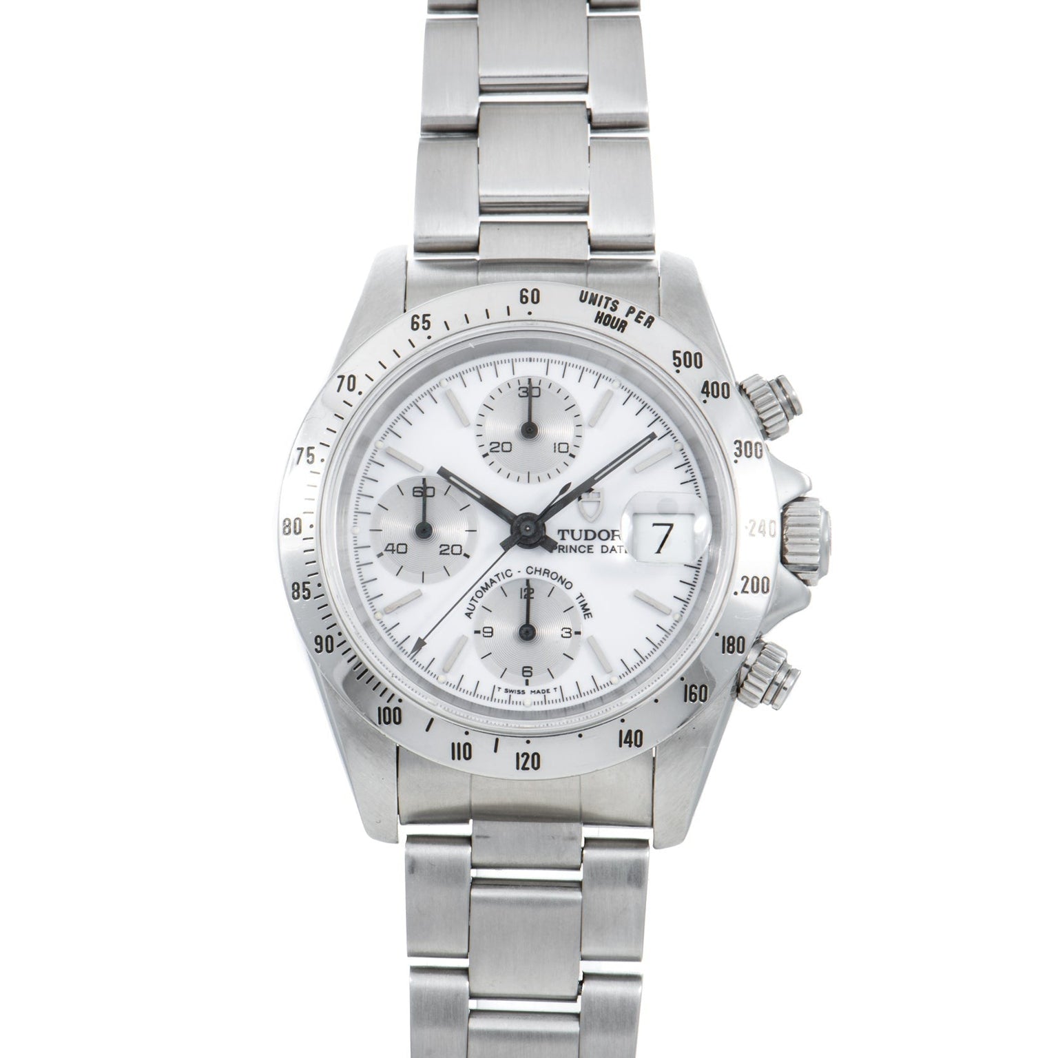The TUDOR Prince Date Chronograph Silver Albino features a white dial with three subdials, date display, and a sleek metal bracelet.