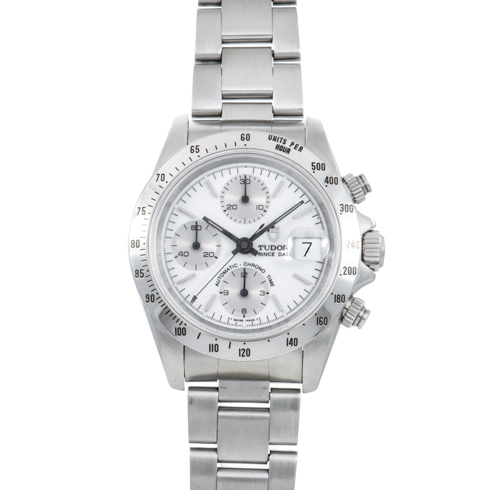The TUDOR Prince Date Chronograph Silver Albino features a white dial with three subdials, date display, and a sleek metal bracelet.