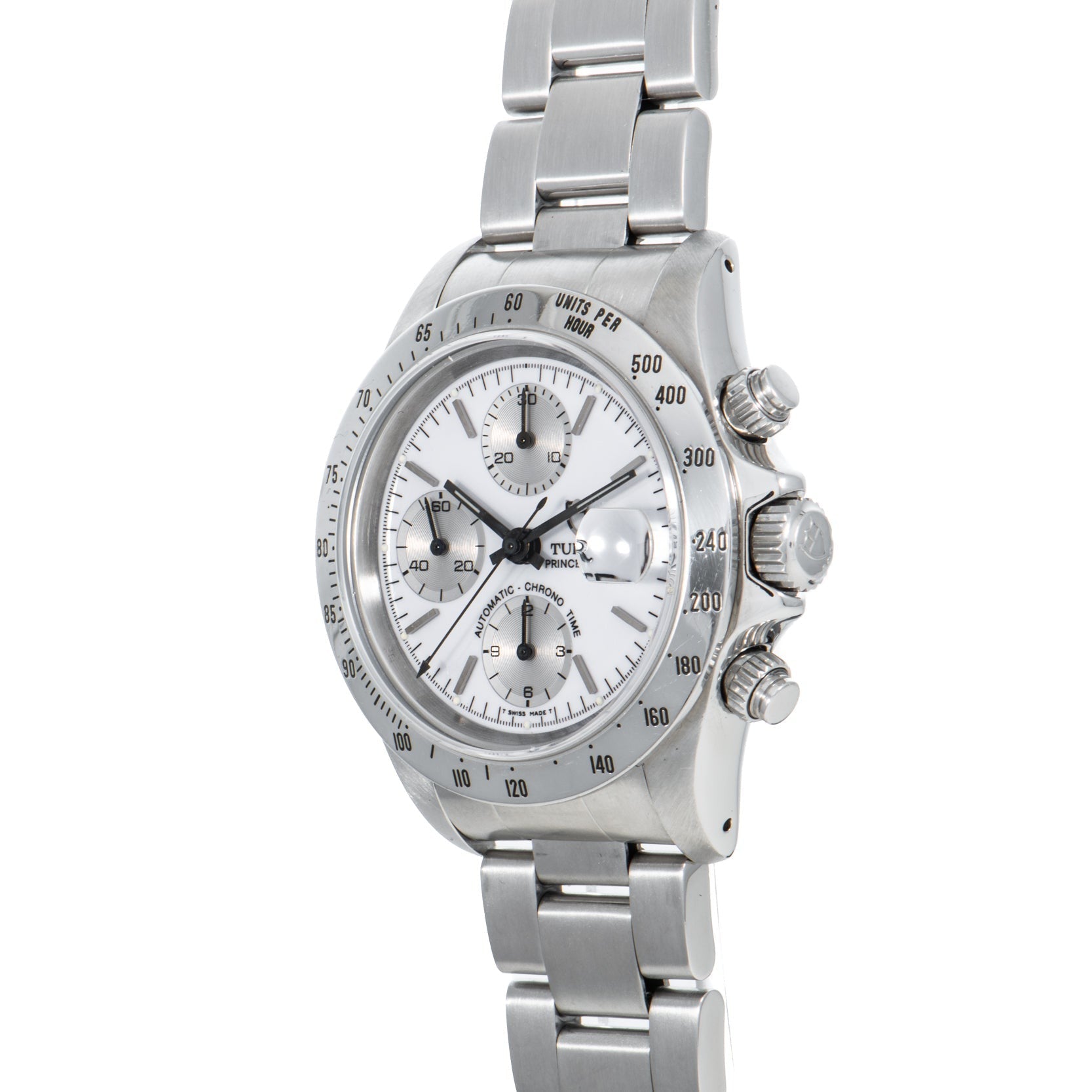 TUDOR Prince Date Chronograph Silver Albino wristwatch with a white dial and metal link band, photographed at an angle.