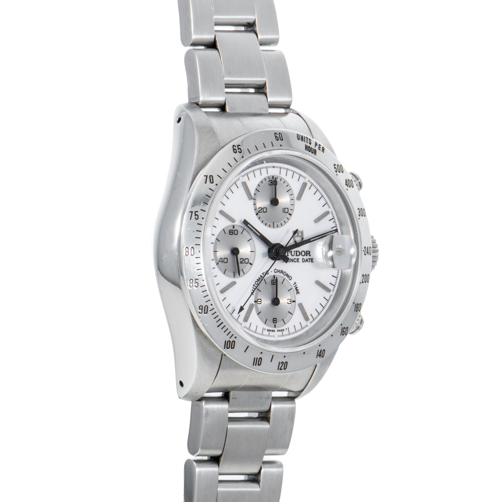 The TUDOR Prince Date Chronograph Silver Albino wristwatch, featuring a white dial with three subdials, is shown at a slight angle.