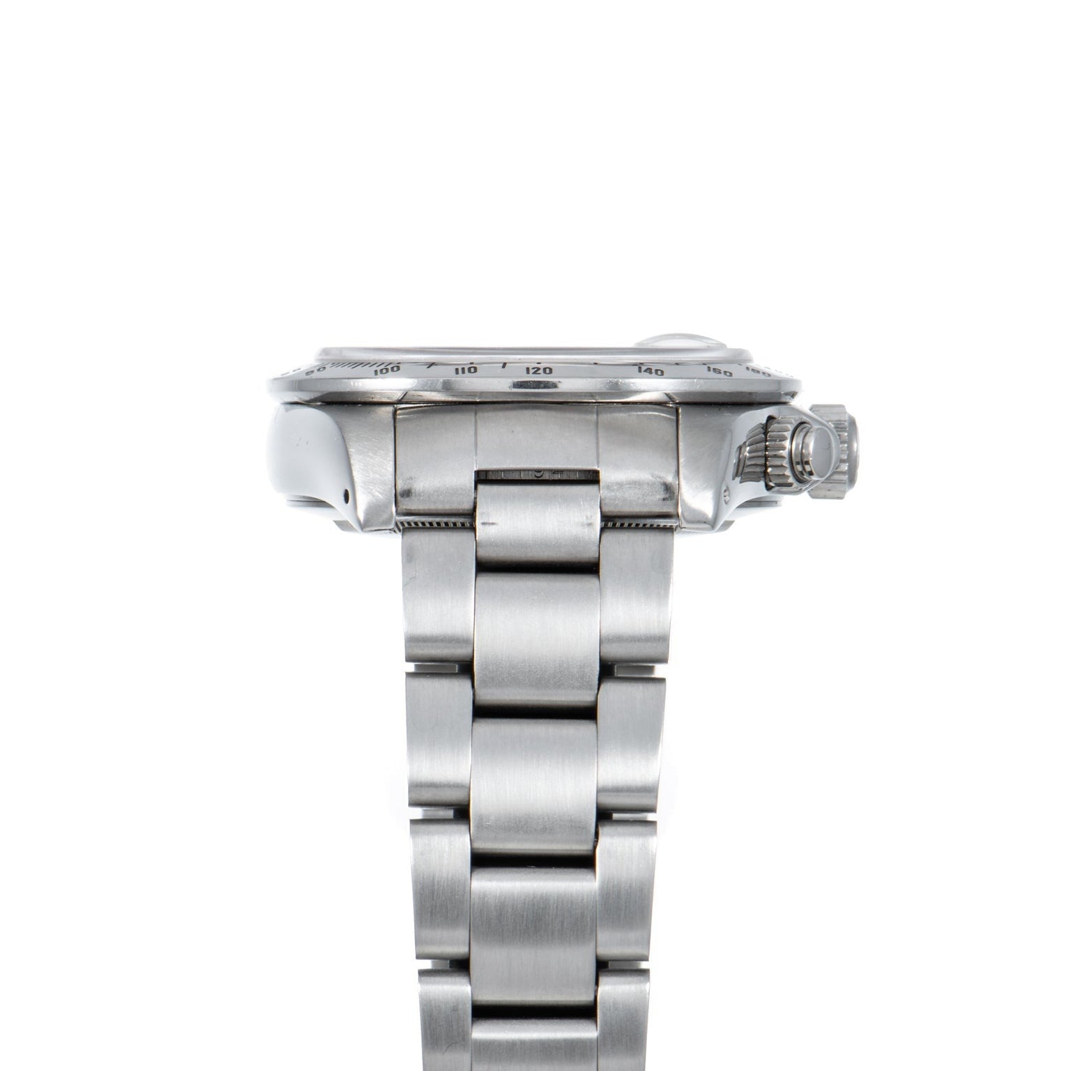 Side view of the TUDOR Prince Date Chronograph Silver Albino wristwatch with a stainless steel band, displayed on a white background.