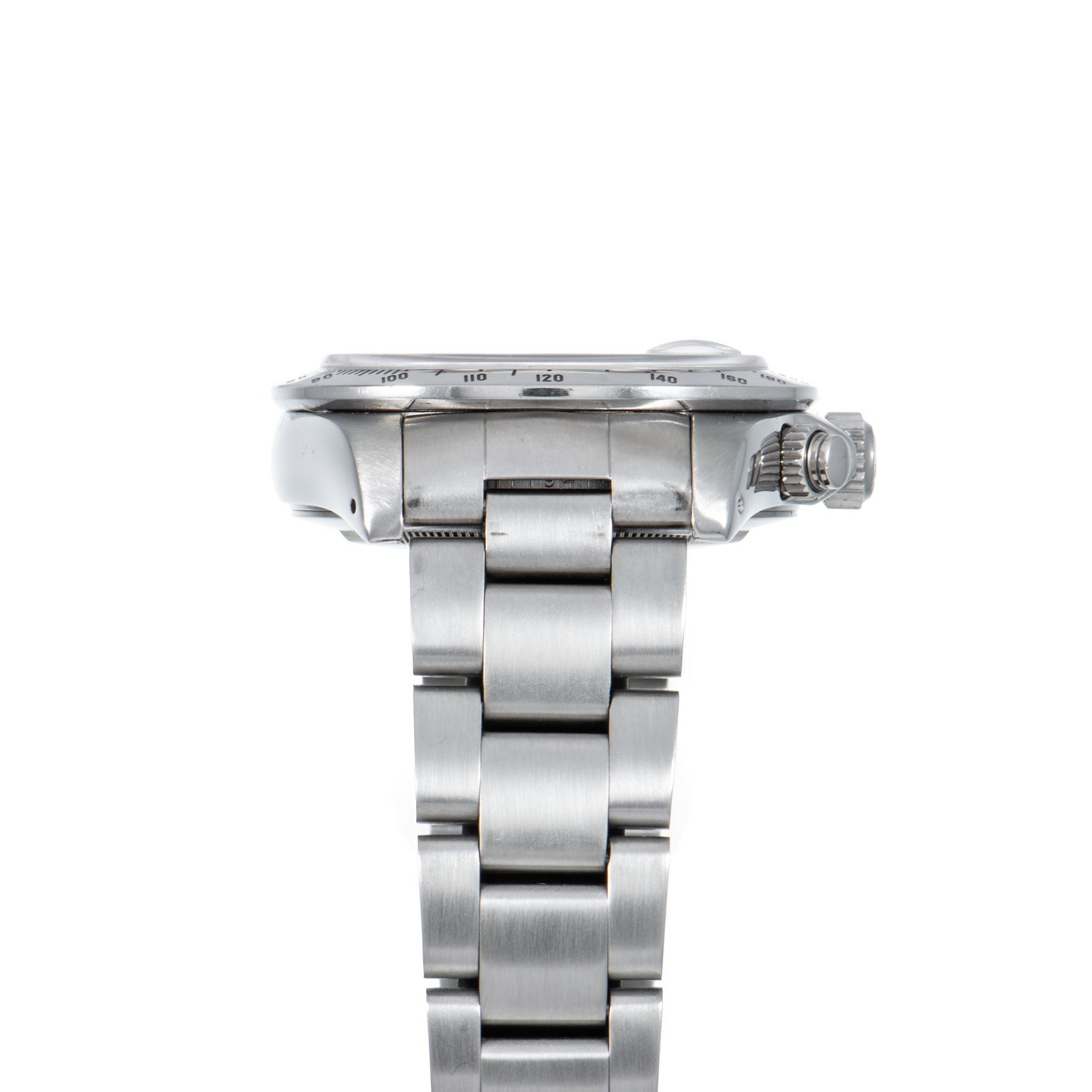 Side view of the TUDOR Prince Date Chronograph Silver Albino wristwatch with a stainless steel band, displayed on a white background.