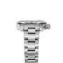 Side view of the TUDOR Prince Date Chronograph Silver Albino wristwatch with a stainless steel band, displayed on a white background.
