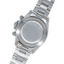 The back of a TUDOR Prince Date Chronograph Silver Albino wristwatch with an engraved stainless steel case and metal bracelet.