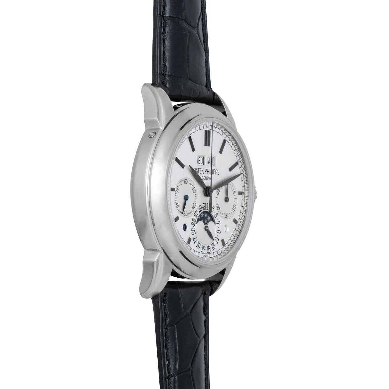 The Patek Philippe Perpetual Calendar Moonphase Chronograph features a white dial with multiple subdials and a black leather strap, shown from an angle.